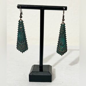 NWOT Patina Copper Intricately Carved Drop Earrings